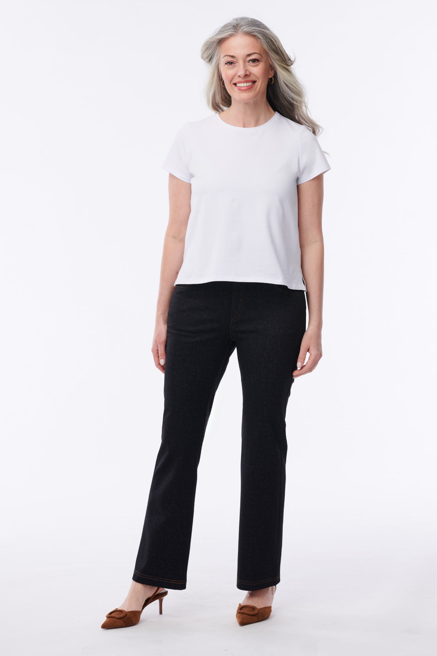 Helene Clarkson Design Hanna Ponte Kick Jeans, stylish pants with a fitted silhouette and kick flare design, shown in a neutral color.