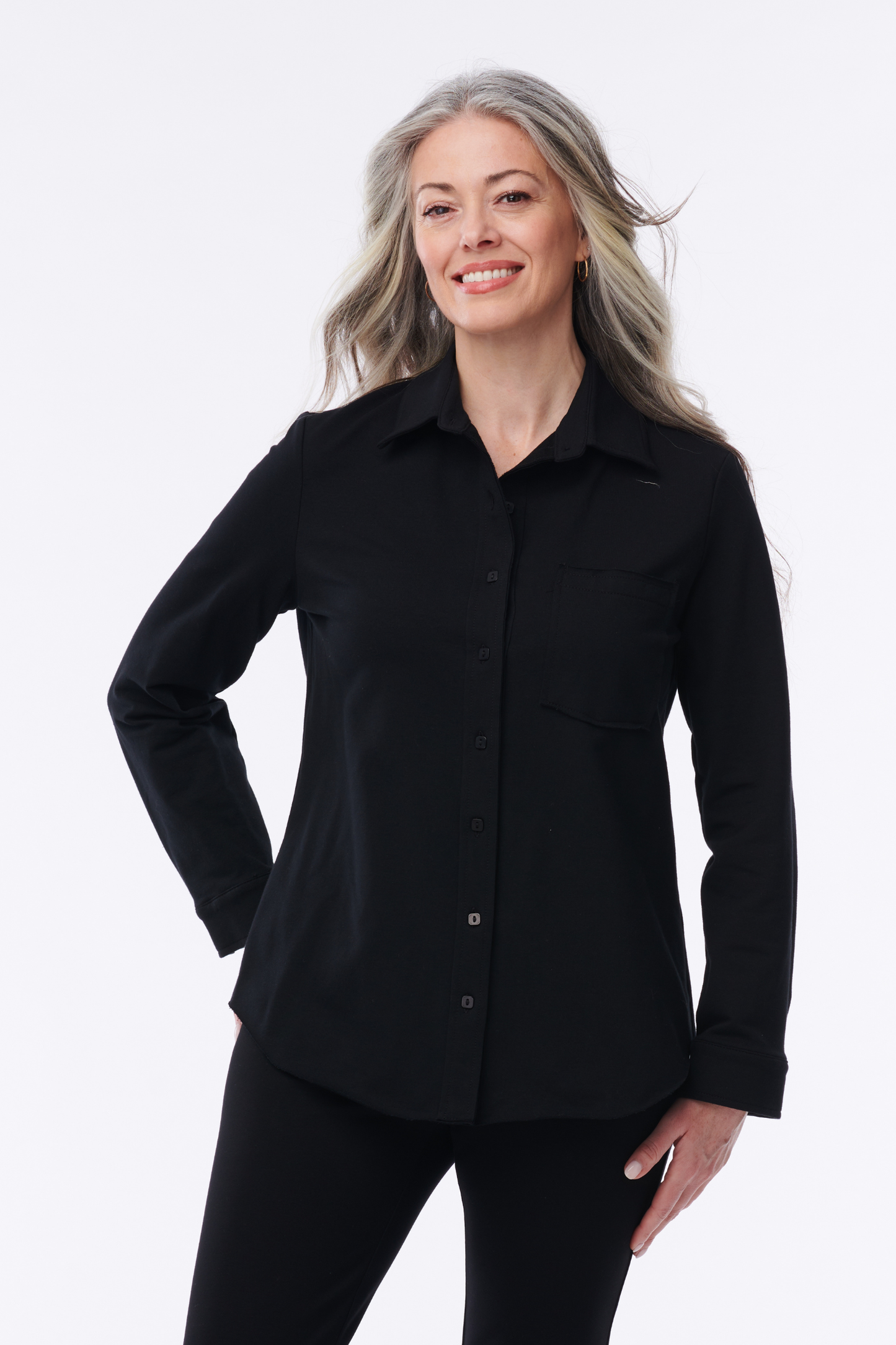Helene Clarkson Design Alexandra Luxe Terry button-down shirt featuring a classic collar and long sleeves, in a soft terry fabric.