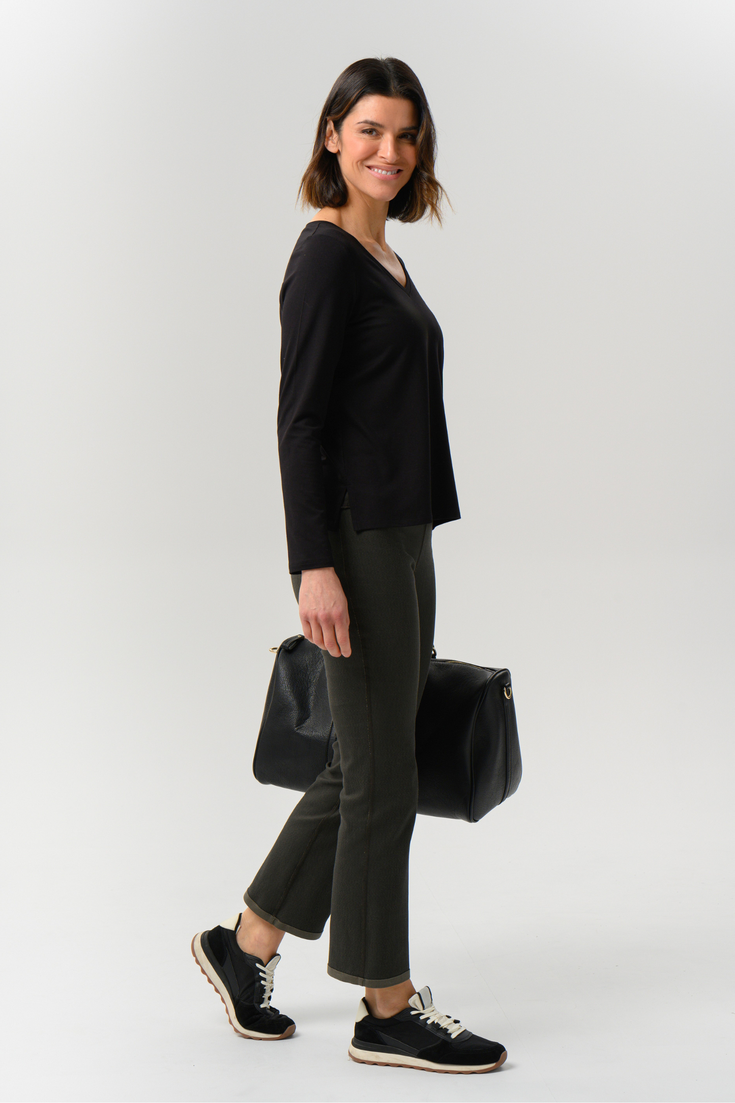 Helene Clarkson Design Albi Sustainable V-Neck Long Sleeve Top in soft fabric, featuring a classic V-neck and long sleeves.