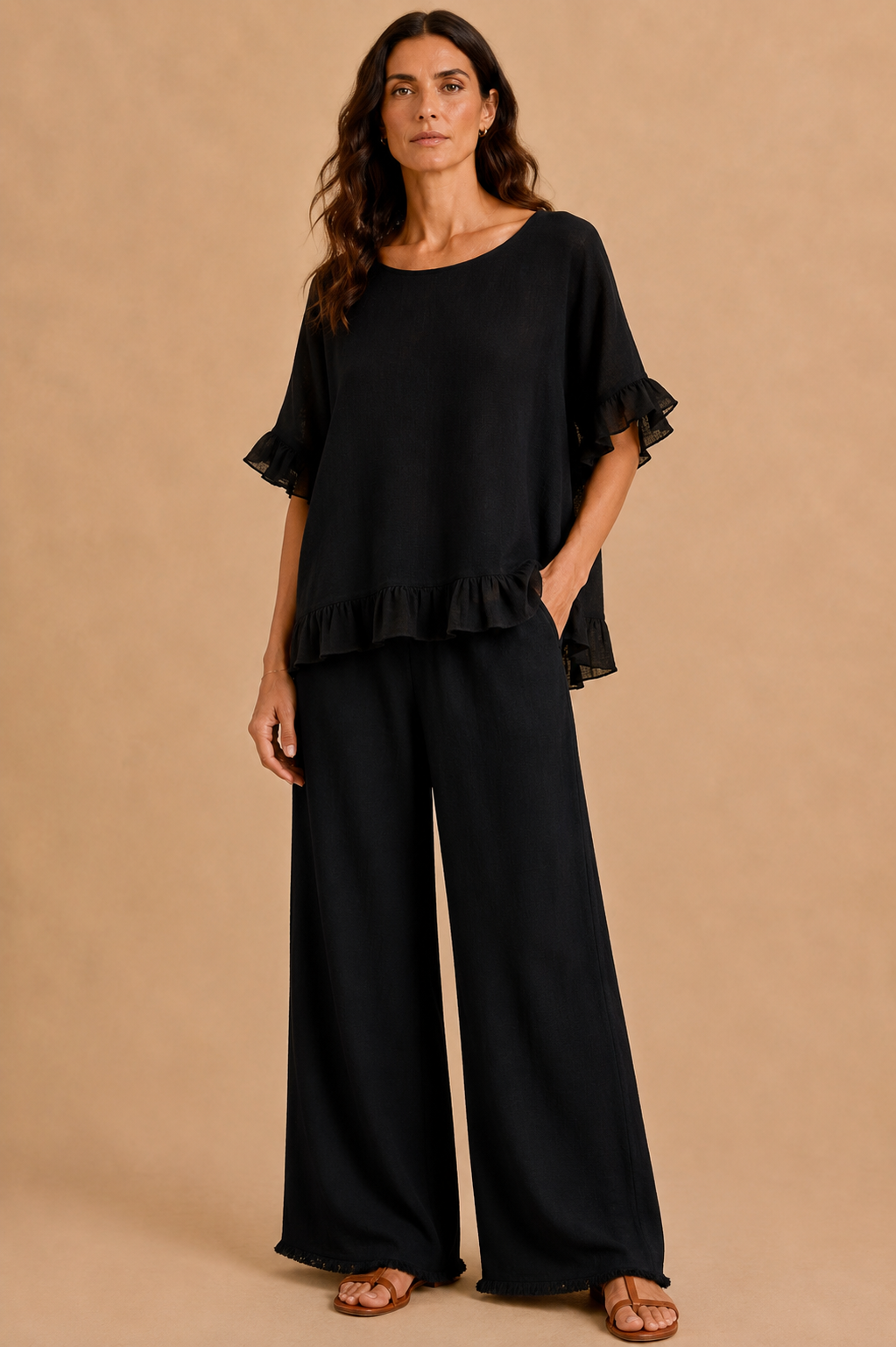 LÉA & LUC Italian cotton and linen blend ruffle top featuring a lightweight, breezy design with ruffled details and a relaxed fit.