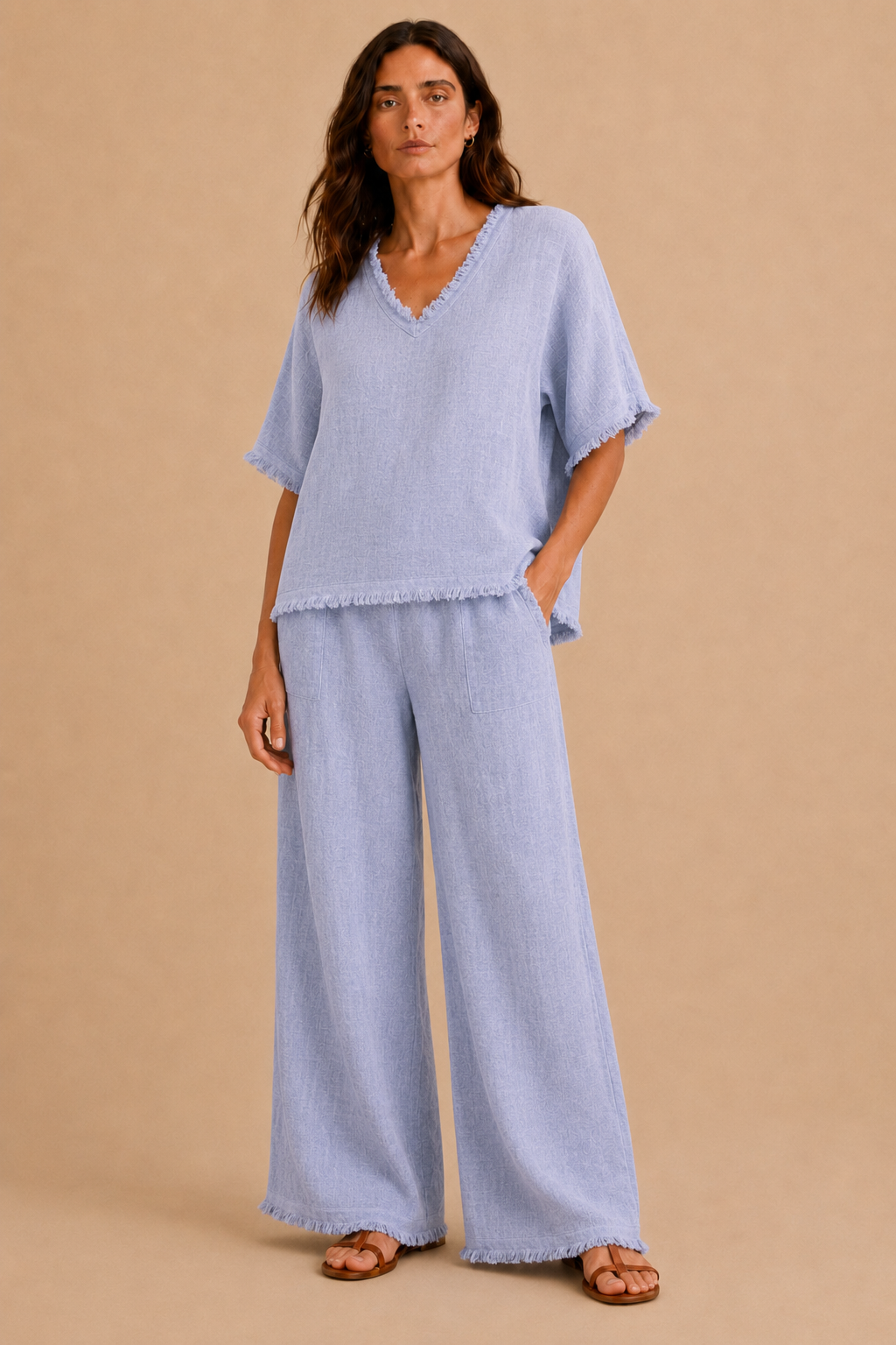 Italian cotton linen blend frill tunic top by Cadenza Italy Ltd, featuring airy fabric and delicate ruffle details.