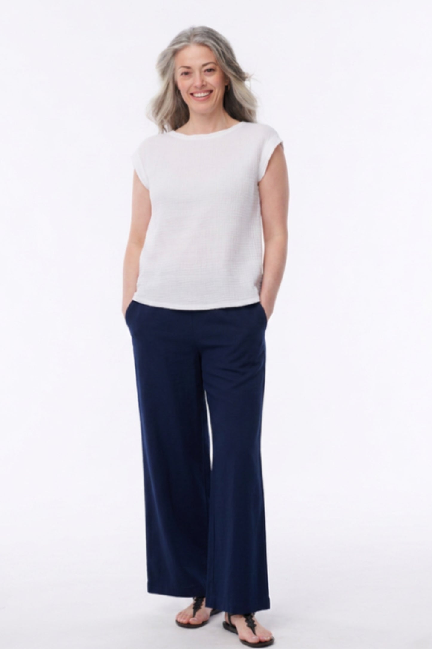 Helene Clarkson Design Andorra Airy Gauze Pants with pockets, navy color, lightweight and breathable casual trousers.