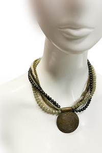 Bronze Pendant, Crystal Beads, and Freshwater Pearls Necklace - Helene Clarkson Design