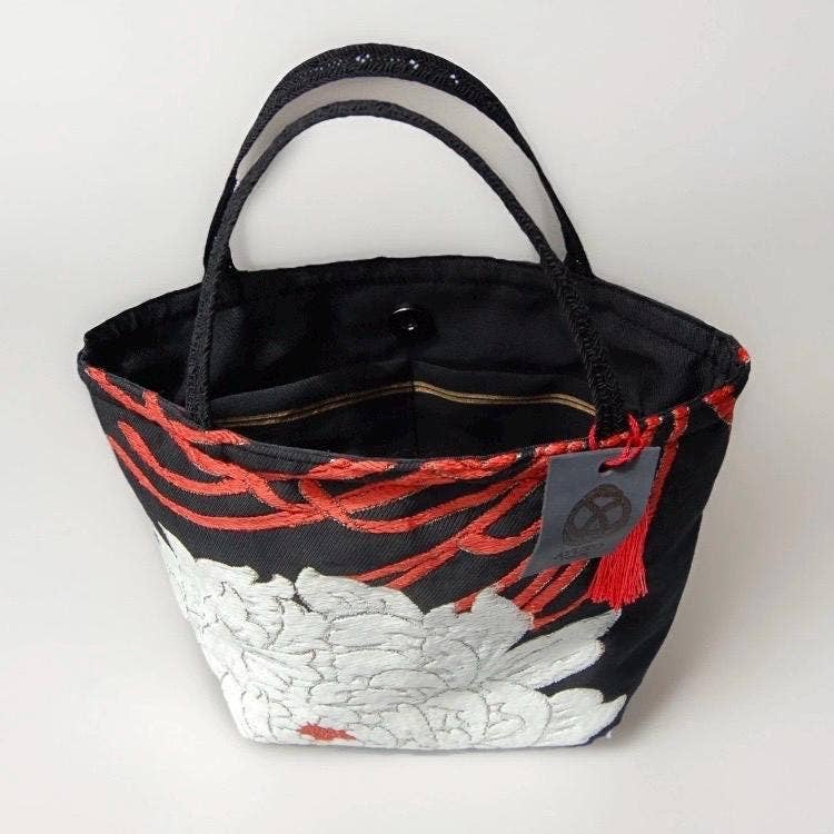 One-of-a-Kind White & Gold Peony Vintage Obi Silk Mini Tote