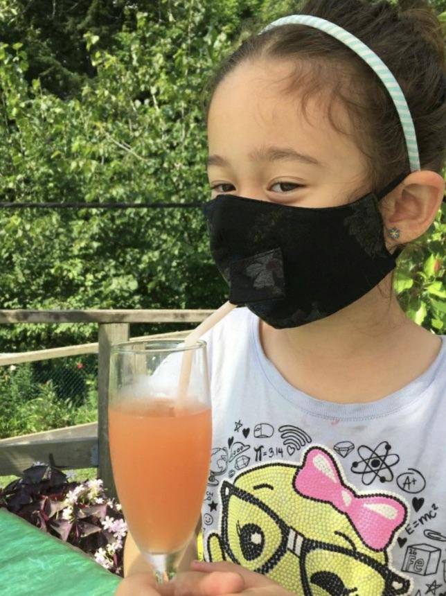 Children's charcoal denim face mask by Helene Clarkson Design, featuring a comfortable travel and sip design for kids.