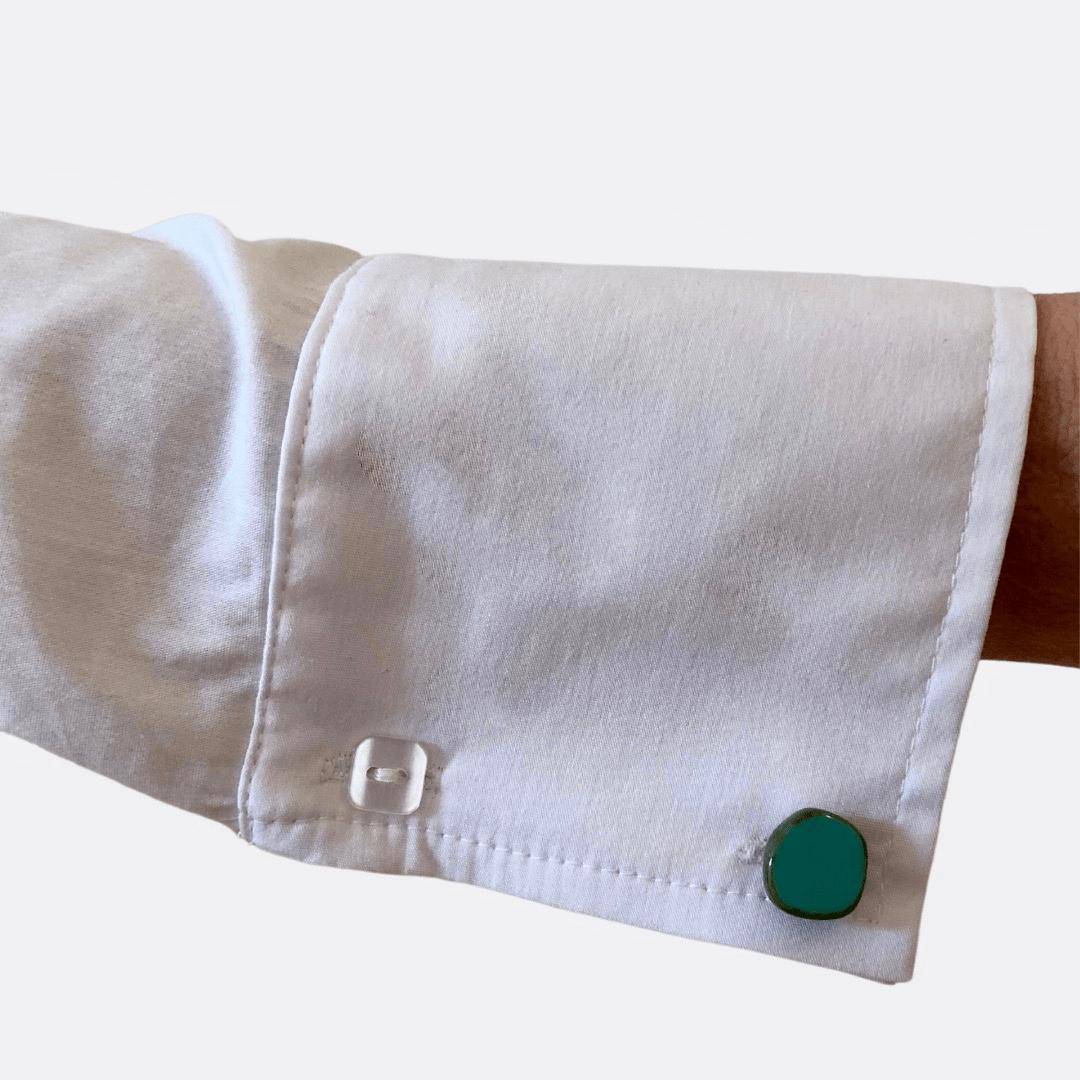 Bohemian art glass cufflinks by Stefanie Wolf Designs featuring coral-colored glass jewelry for men.
