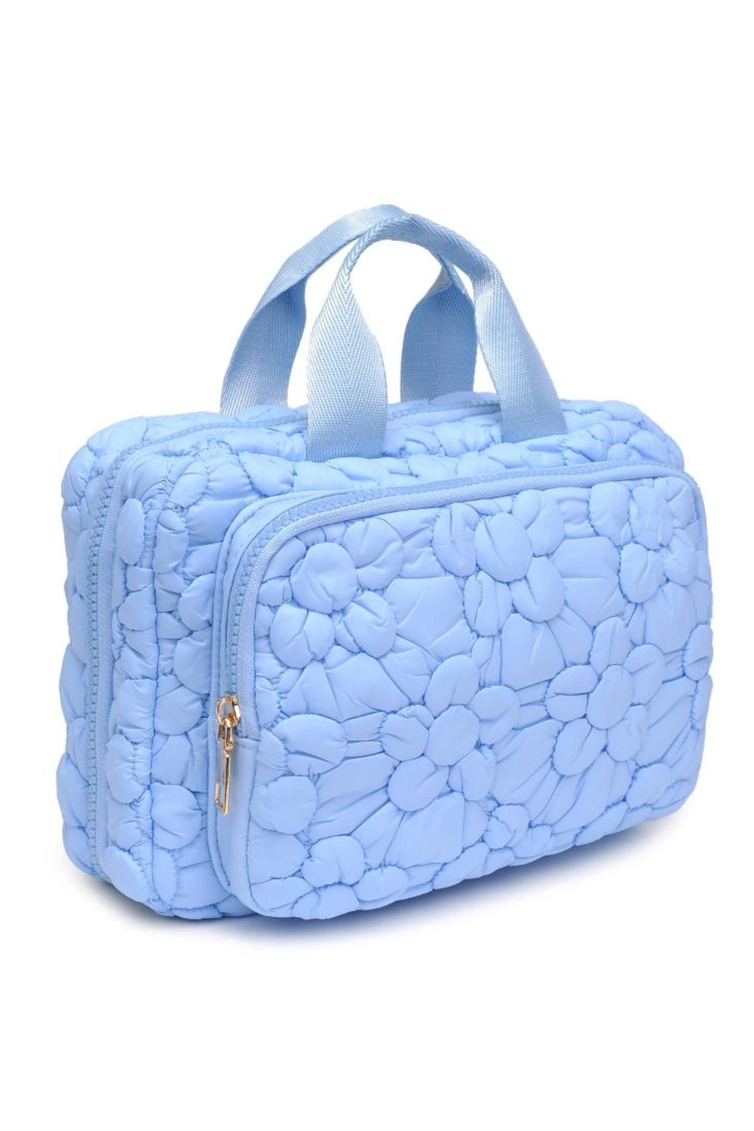Urban Expressions Petal Plush Nylon Travel Organizer with multiple compartments and pastel pink accents for accessories storage.