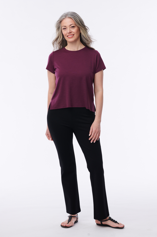 Helene Clarkson Design Albi 100% Merino Short Sleeve Top, lightweight wool shirt with a fitted style and crew neckline.