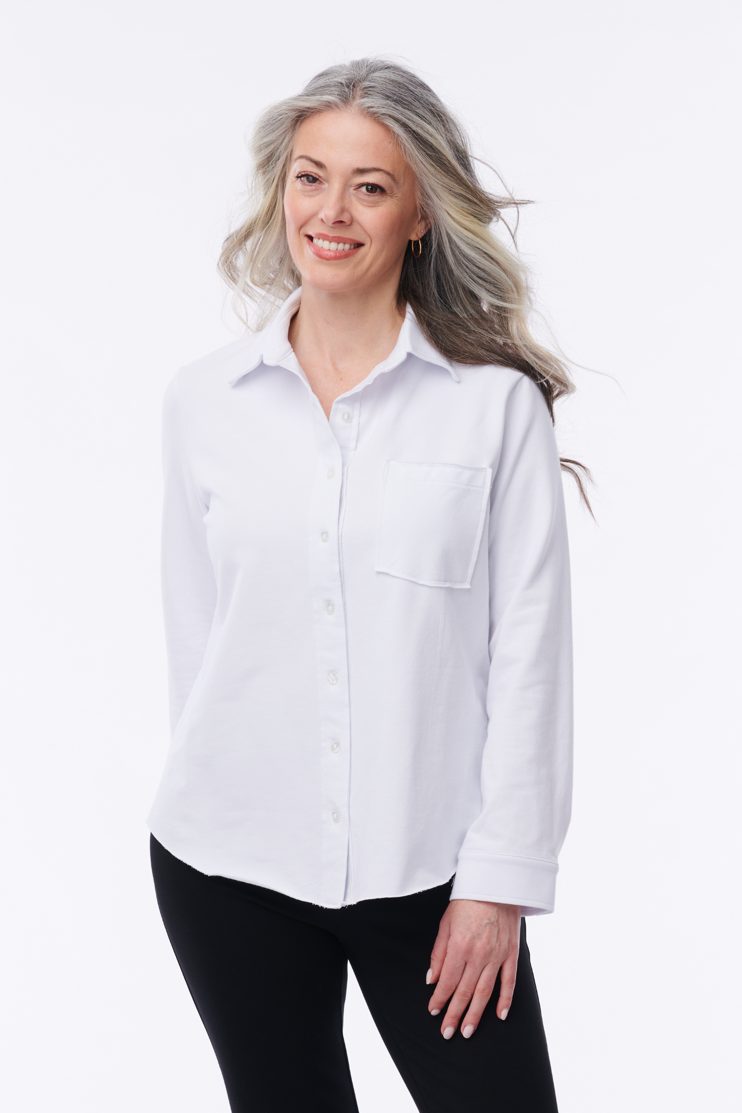 Helene Clarkson Design Alexandra Luxe Terry button-down shirt in soft fabric with a classic collar and button-front detail.