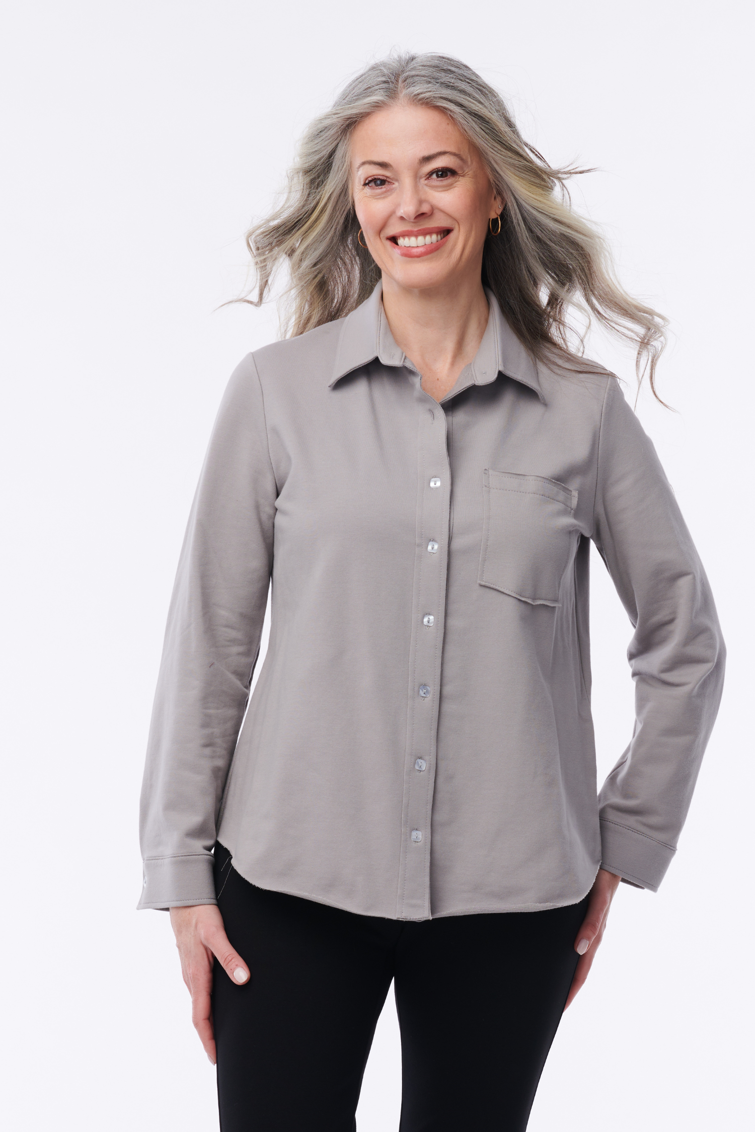 Helene Clarkson Design Alexandra Luxe Terry button-down shirt in soft fabric, featuring a classic collar and button front.