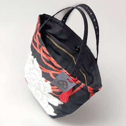 One-of-a-Kind White & Gold Peony Vintage Obi Silk Mini Tote