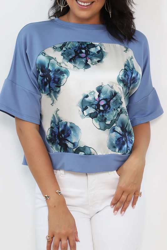 Short Sleeve Silk T-Shirt Porcelain Violets - Helene Clarkson Design