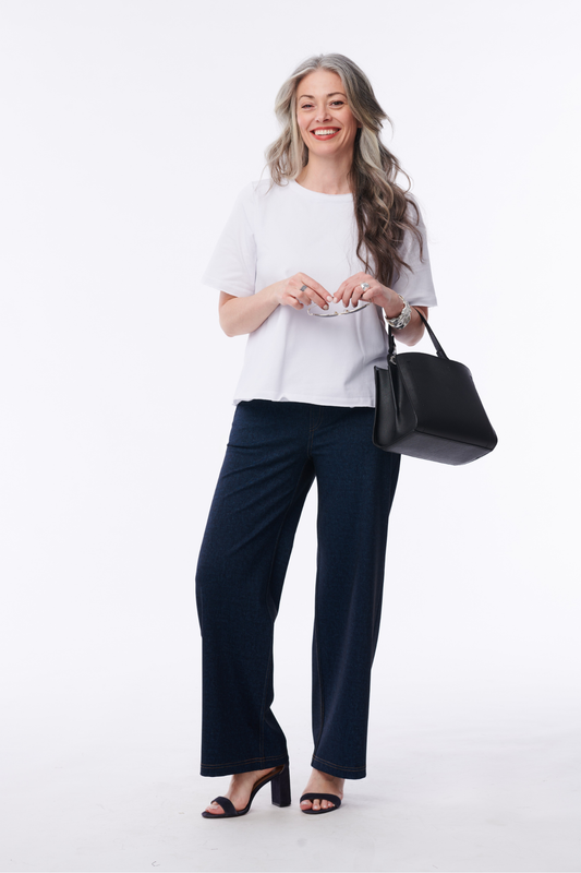 Helene Clarkson Design Hanna Ponte Wide-Leg Jeans, stylish pants with a comfortable wide-leg fit and ponte fabric.