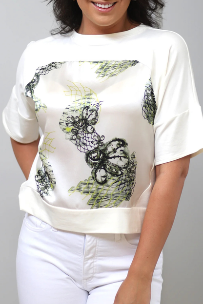 Short Sleeve Silk T-Shirt Off White Oyster Nets - Helene Clarkson Design