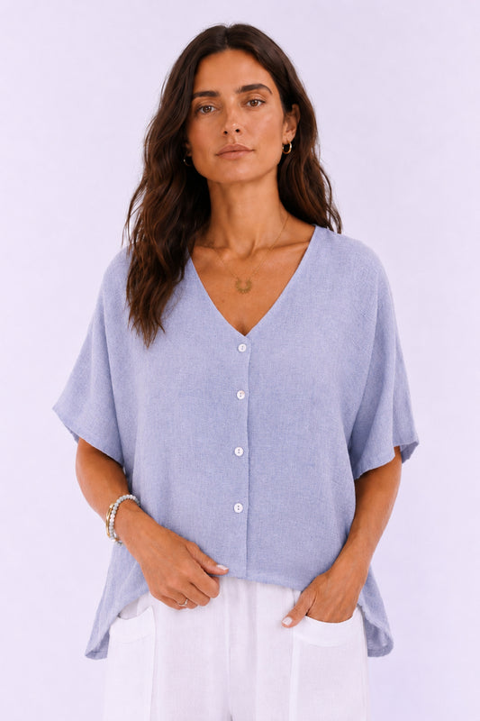 Linen and Cotton Blend Short Sleeve Button-Front Top