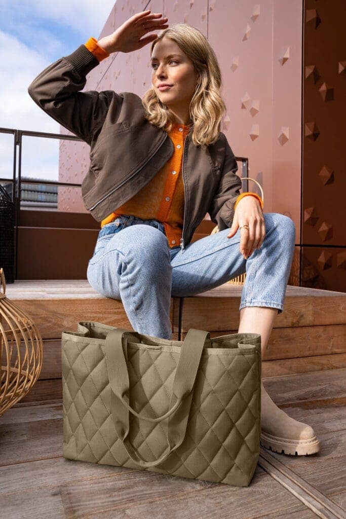 Reisenthel Classic Shopper Large Rhombus-Olive bag with olive green geometric pattern and sturdy handles, ideal for shopping or daily use.