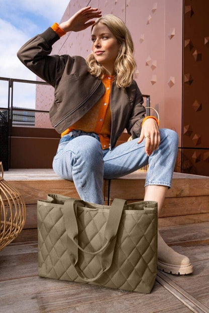 Reisenthel Classic Shopper Large Rhombus-Olive bag with olive green geometric pattern and sturdy handles, ideal for shopping or daily use.