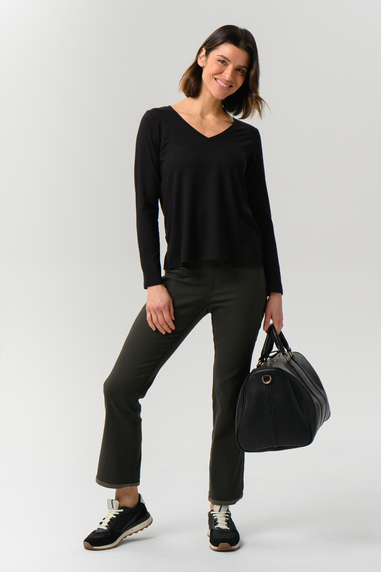 Helene Clarkson Design Albi sustainable v-neck long sleeve top in soft fabric, shown in a natural pose.