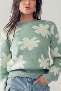 Daisy Flower Print Rib Knit Sweater - Helene Clarkson Design