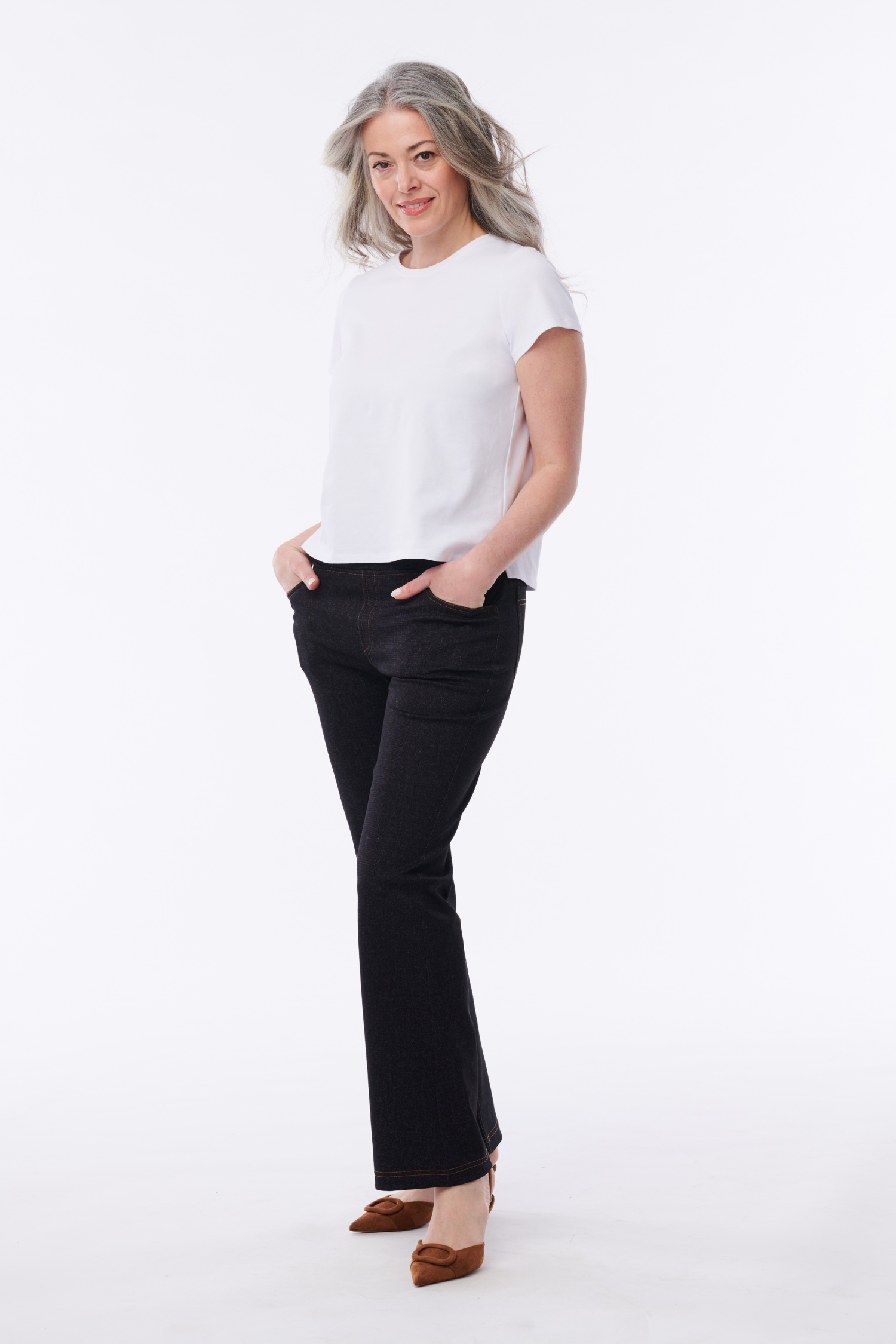 Helene Clarkson Design Hanna Ponte Kick Jeans, stylish black pants with a tapered fit and kick flare design.