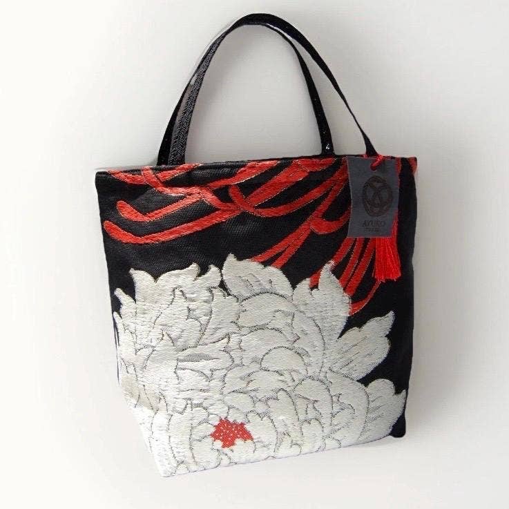 One-of-a-Kind White & Gold Peony Vintage Obi Silk Mini Tote