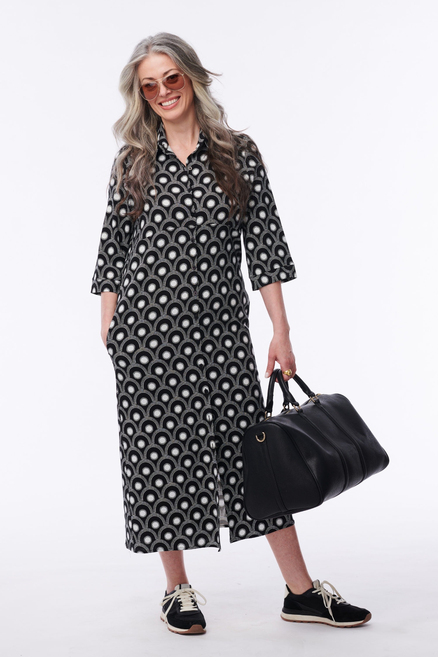 Madeleine Button-Down Dress by Helene Clarkson Design featuring a classic fit, long sleeves, and button front in soft fabric.