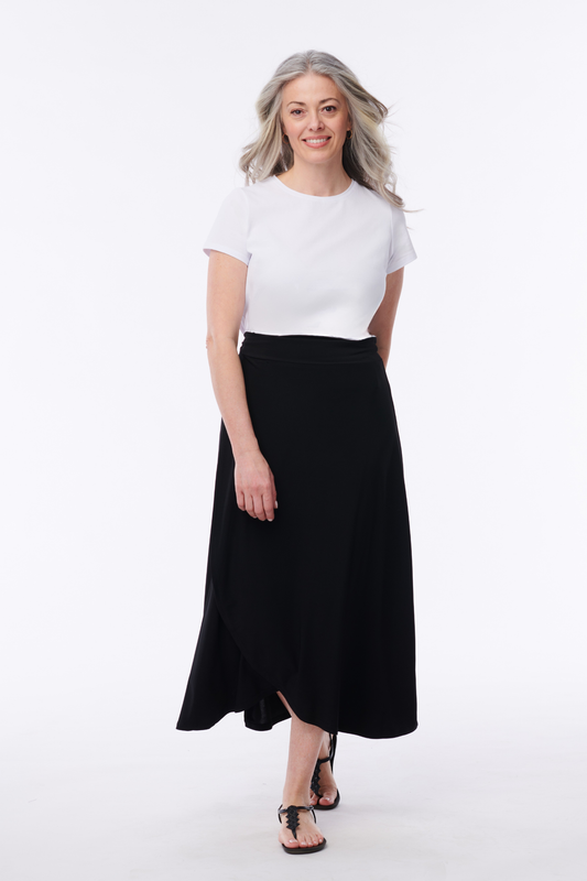 Helene Clarkson Design Salima 3-in-1 convertible wrap skirt in neutral fabric, showing versatile styling options and detailed wrap design.
