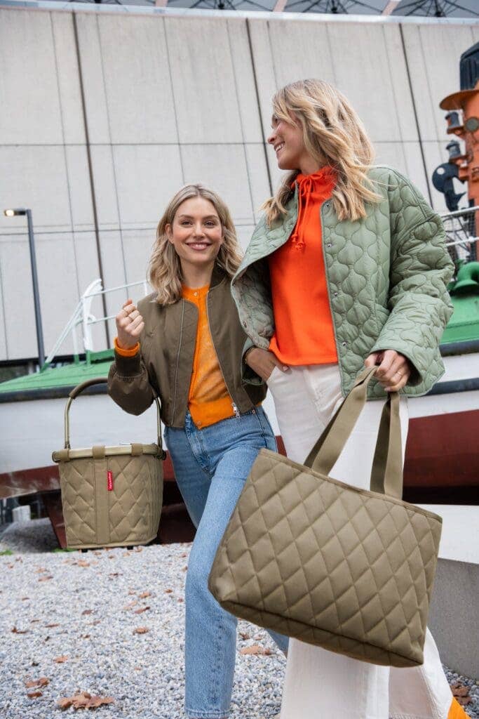 Reisenthel Classic Shopper large bag with olive rhombus pattern, durable fabric, and spacious design for everyday use.