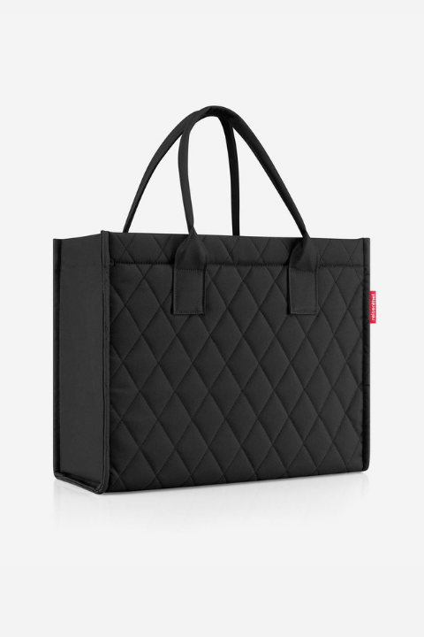 Reisenthel Daily Shopper bag in black with a diamond-shaped rhombus pattern, durable fabric, and twin top handles.