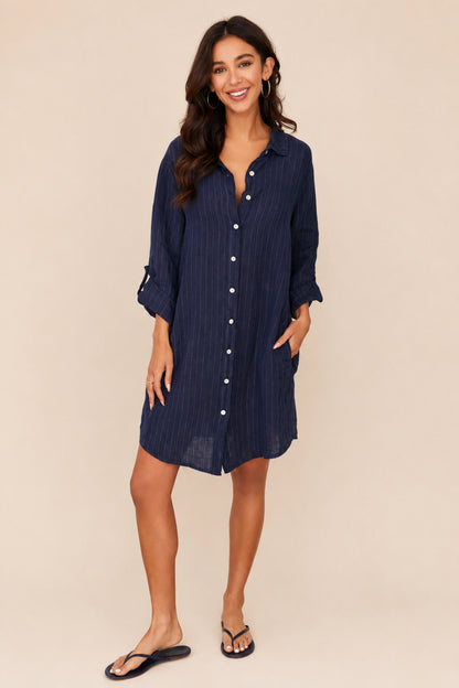 Italian Linen Pinstripe Shirt Dress - Helene Clarkson Design