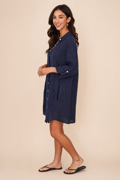 Italian Linen Pinstripe Shirt Dress - Helene Clarkson Design