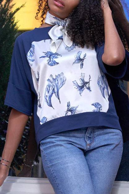 Short Sleeve Silk T-Shirt French Navy Amaryllis - Helene Clarkson Design