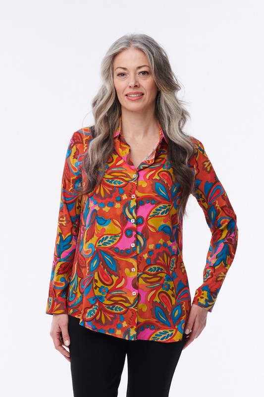 Helene Clarkson Design Amalfi printed button-down blouse with floral pattern, long sleeves, and collar, displayed on a hanger.
