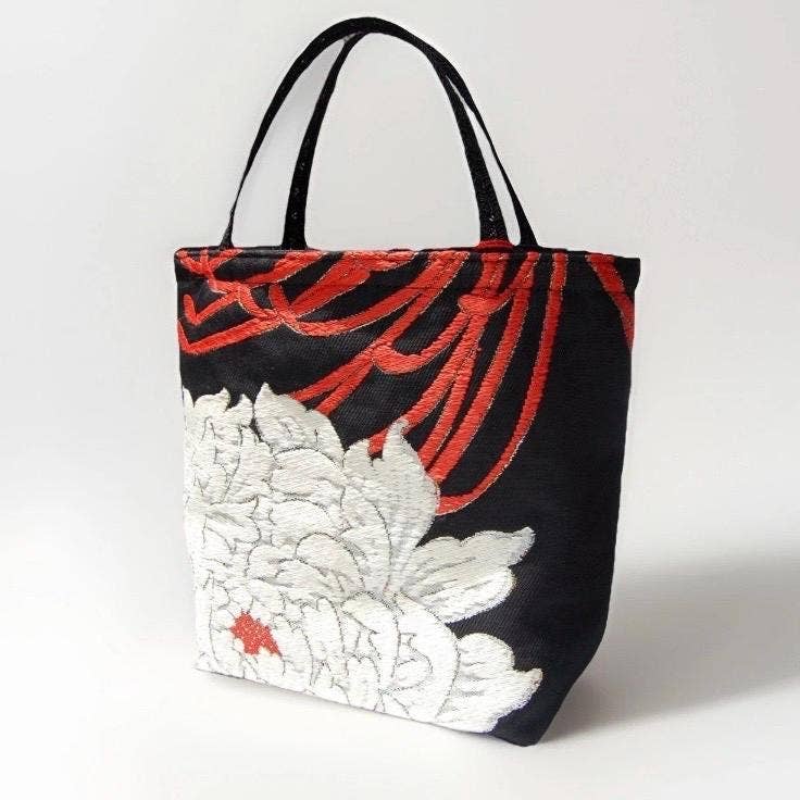 One-of-a-Kind White & Gold Peony Vintage Obi Silk Mini Tote