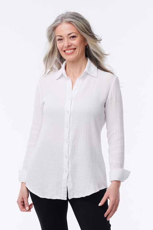 Helene Clarkson Design Amalfi Airy Gauze Button-Down Blouse, light and breathable clothing top in soft gauze fabric.