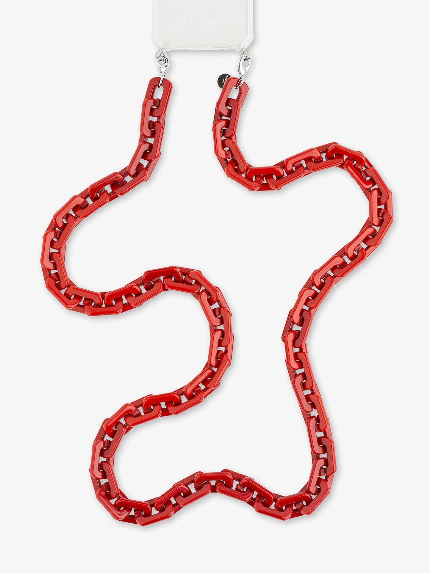 A pair of large, wavy chain-link drop earrings in a glossy red finish, suspended from silver-toned rings against a plain white background.