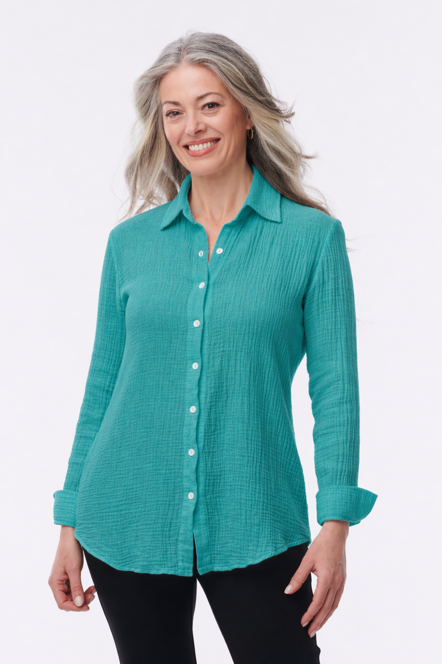 Turquoise Amalfi Airy Gauze Button-Down Blouse by Helene Clarkson Design, lightweight and breathable for casual wear.