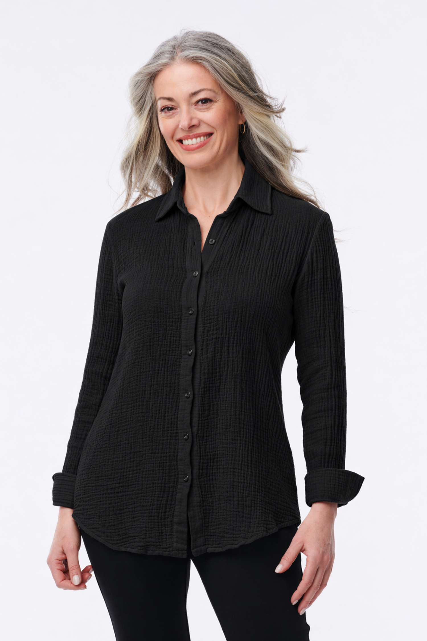 Black Amalfi Airy Gauze Button-Down Blouse by Helene Clarkson Design, showcasing lightweight fabric and classic collar.