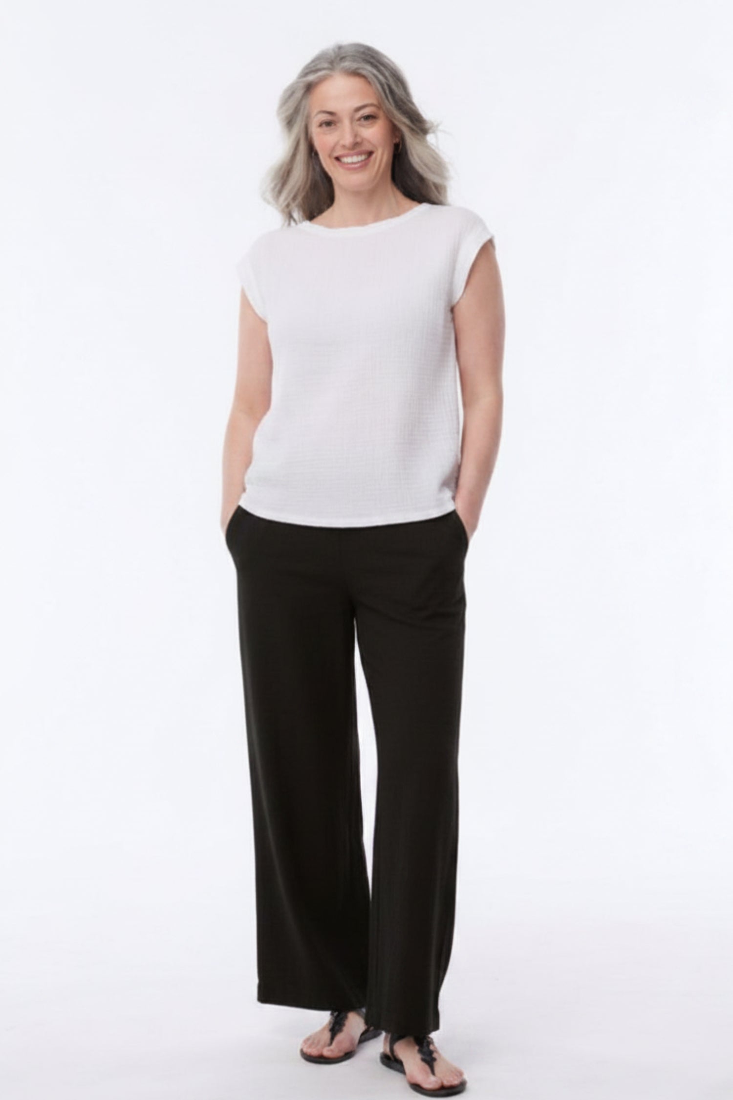 Black Andorra Airy Gauze Pants with pockets by Helene Clarkson Design, featuring a relaxed fit and breathable fabric.