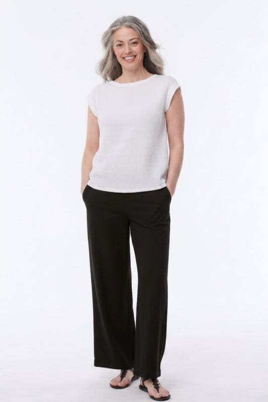 Black Andorra Airy Gauze Pants with pockets by Helene Clarkson Design, featuring a relaxed fit and breathable fabric.