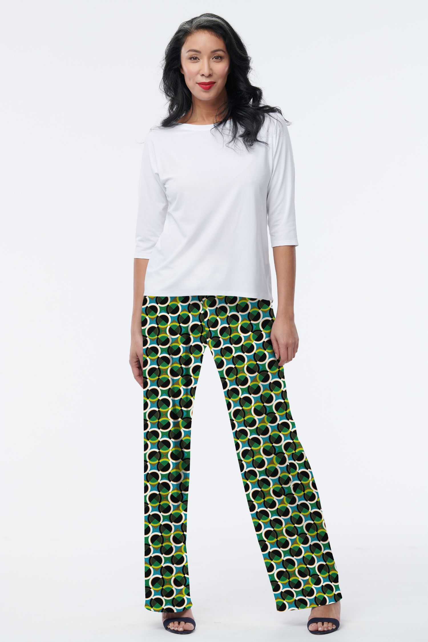 Helene Clarkson Design Juniper Pant in wrinkle-free jersey knit, showing sleek, comfortable pants with a smooth, fitted silhouette.