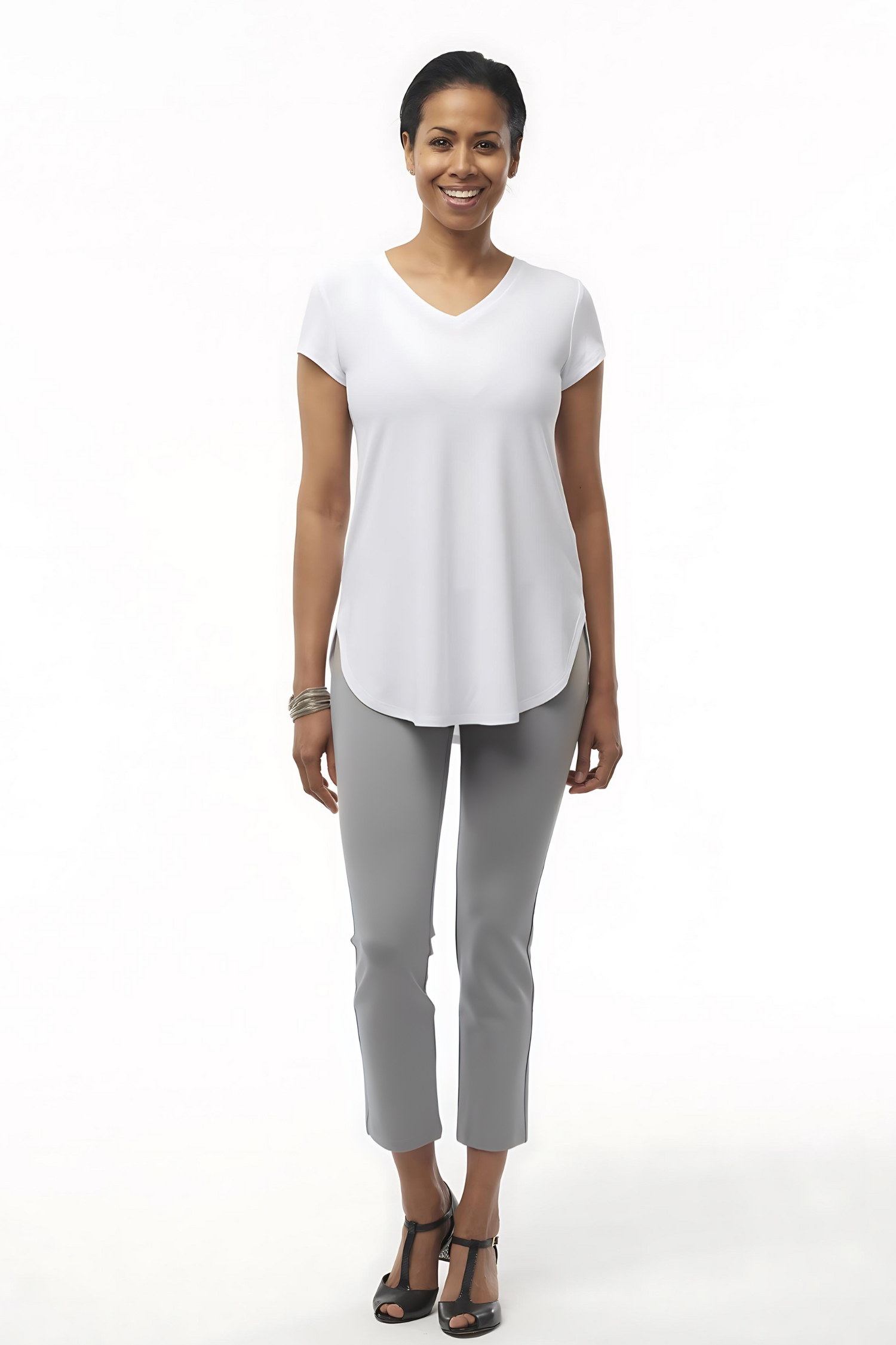 Grey Aro Travel Pant by Helene Clarkson Design, showing the relaxed fit and comfortable fabric of the stylish travel pants.