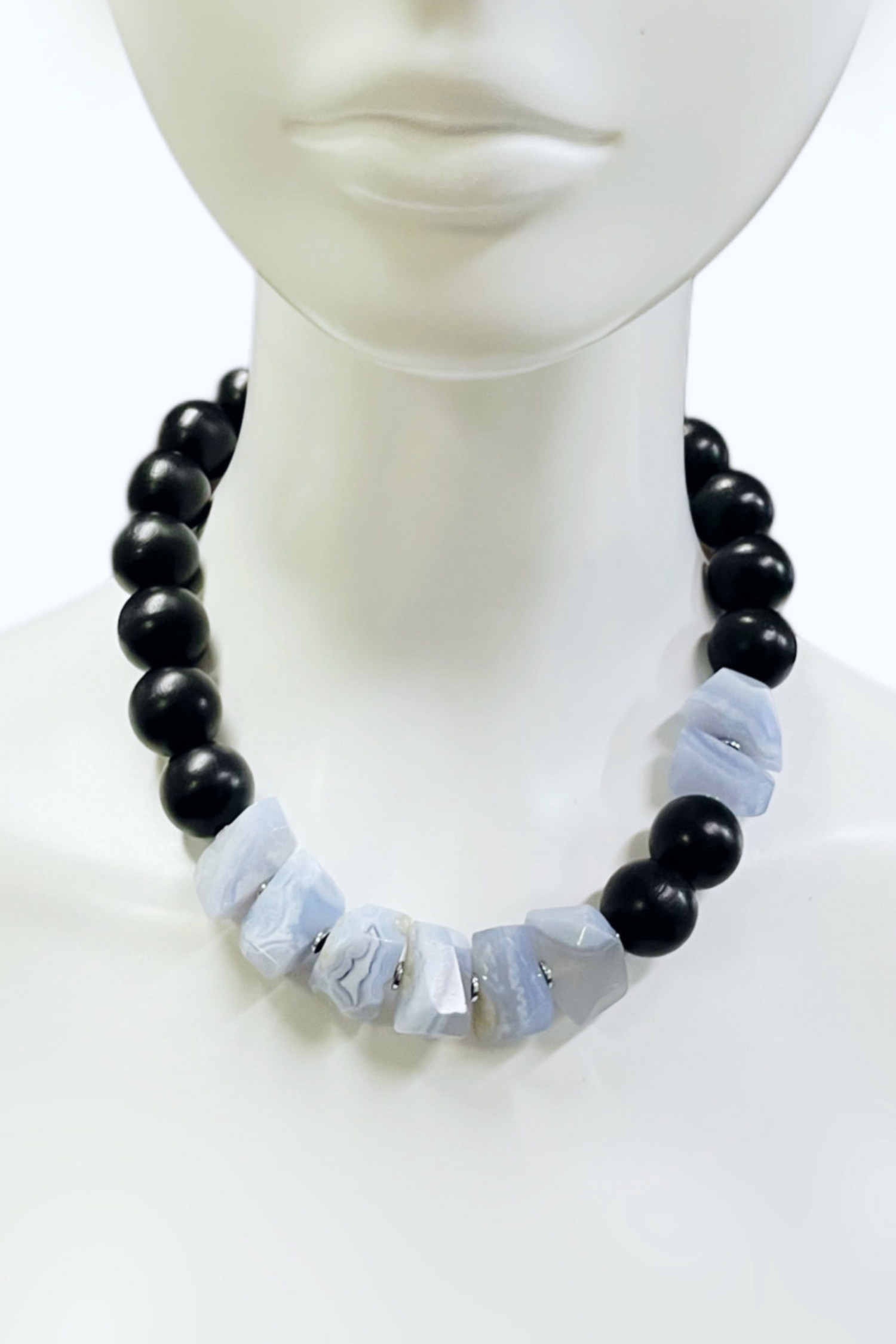 Around the World – Tales from Africa Necklace in Ebonized Wood & Blue Lace Agate | Ibérina Design - Helene Clarkson Design