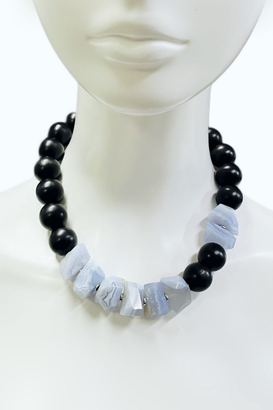 Around the World – Tales from Africa Necklace in Ebonized Wood & Blue Lace Agate | Ibérina Design - Helene Clarkson Design