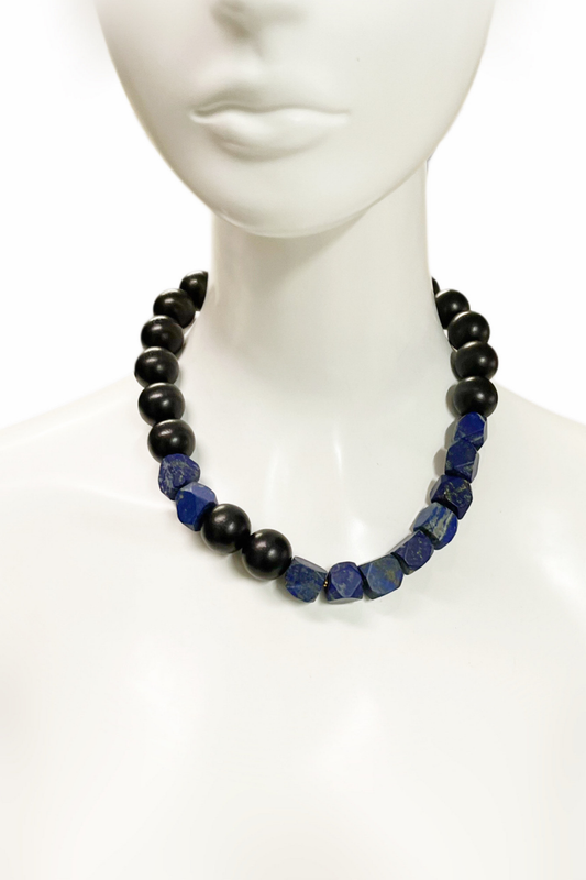 Around the World – Tales from Egypt Necklace in Ebonized Wood & Lapis Lazuli | Ibérina Design - Helene Clarkson Design