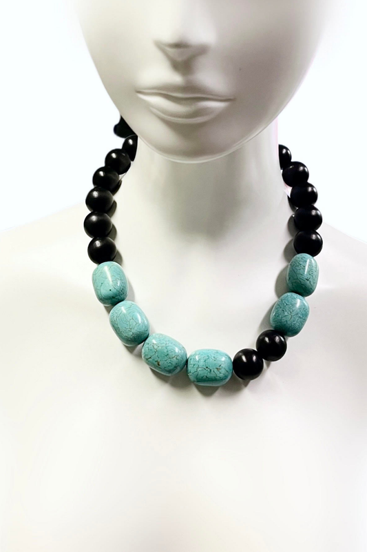 Around the World – Tales from Egypt Necklace in Ebonized Wood & Stabilized Turquoise | Ibérina Design - Helene Clarkson Design