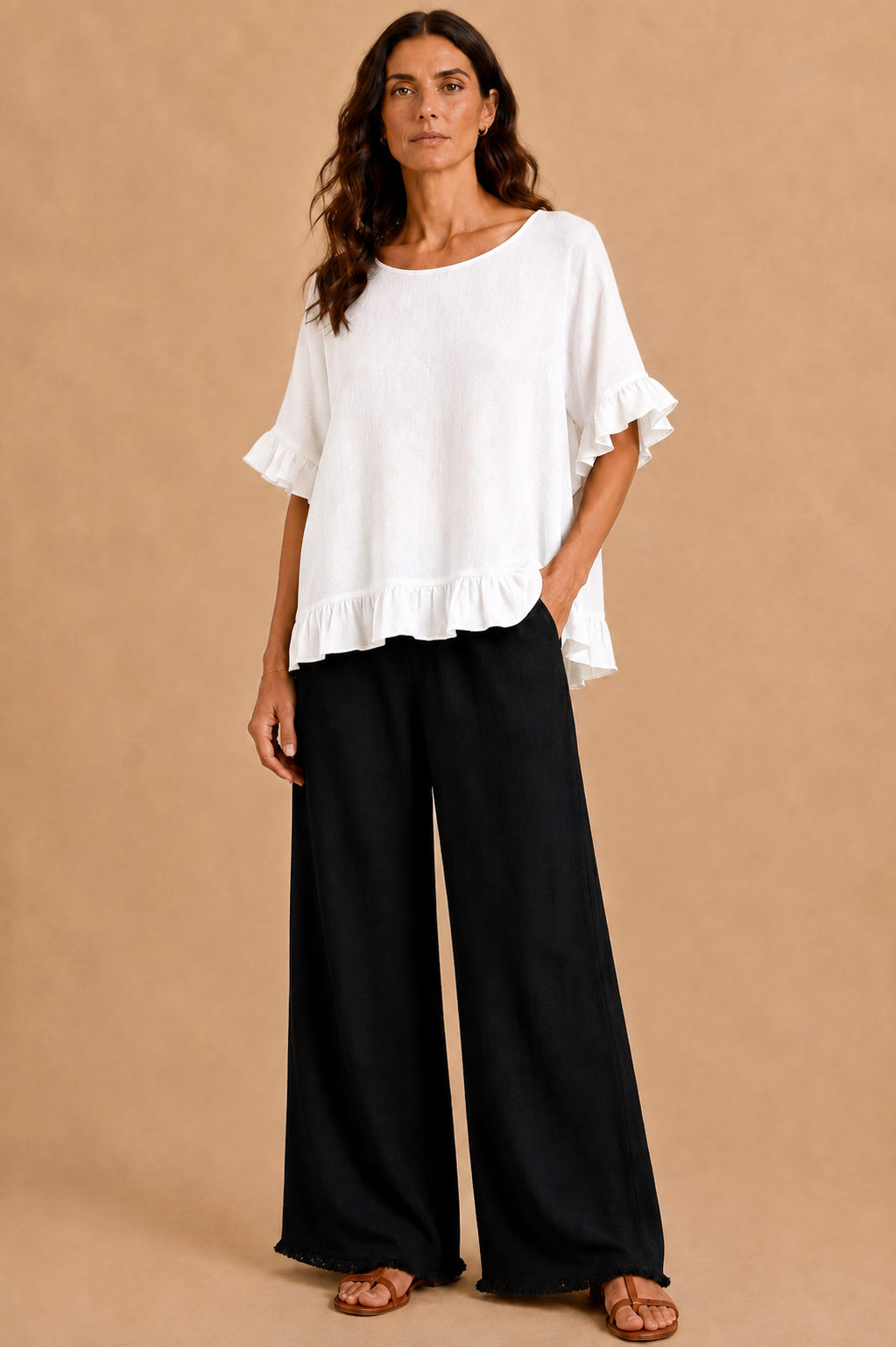 LÉA & LUC Italian cotton and linen blend ruffle top, lightweight shirt with feminine ruffle details and breathable fabric.