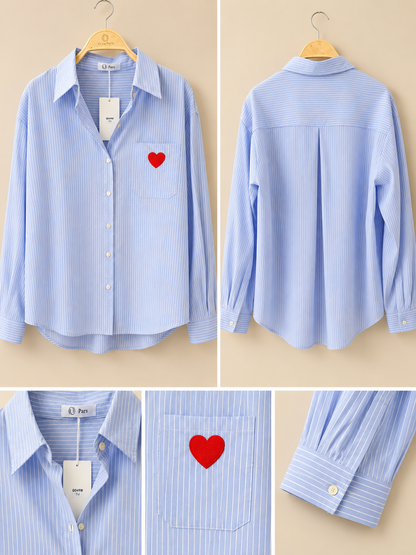 Blue Striped Cotton Shirt with Heart Embroidery