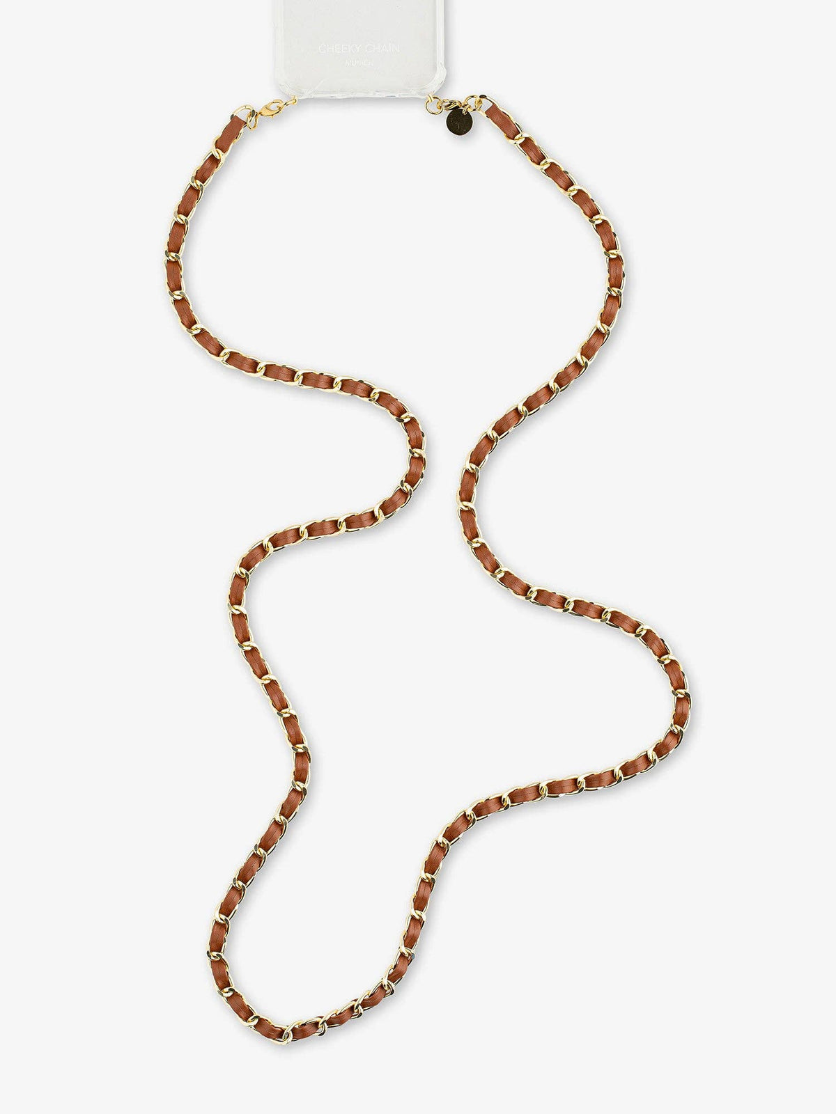 A beaded necklace with alternating brown and gold-toned beads, displayed on a clean white background.