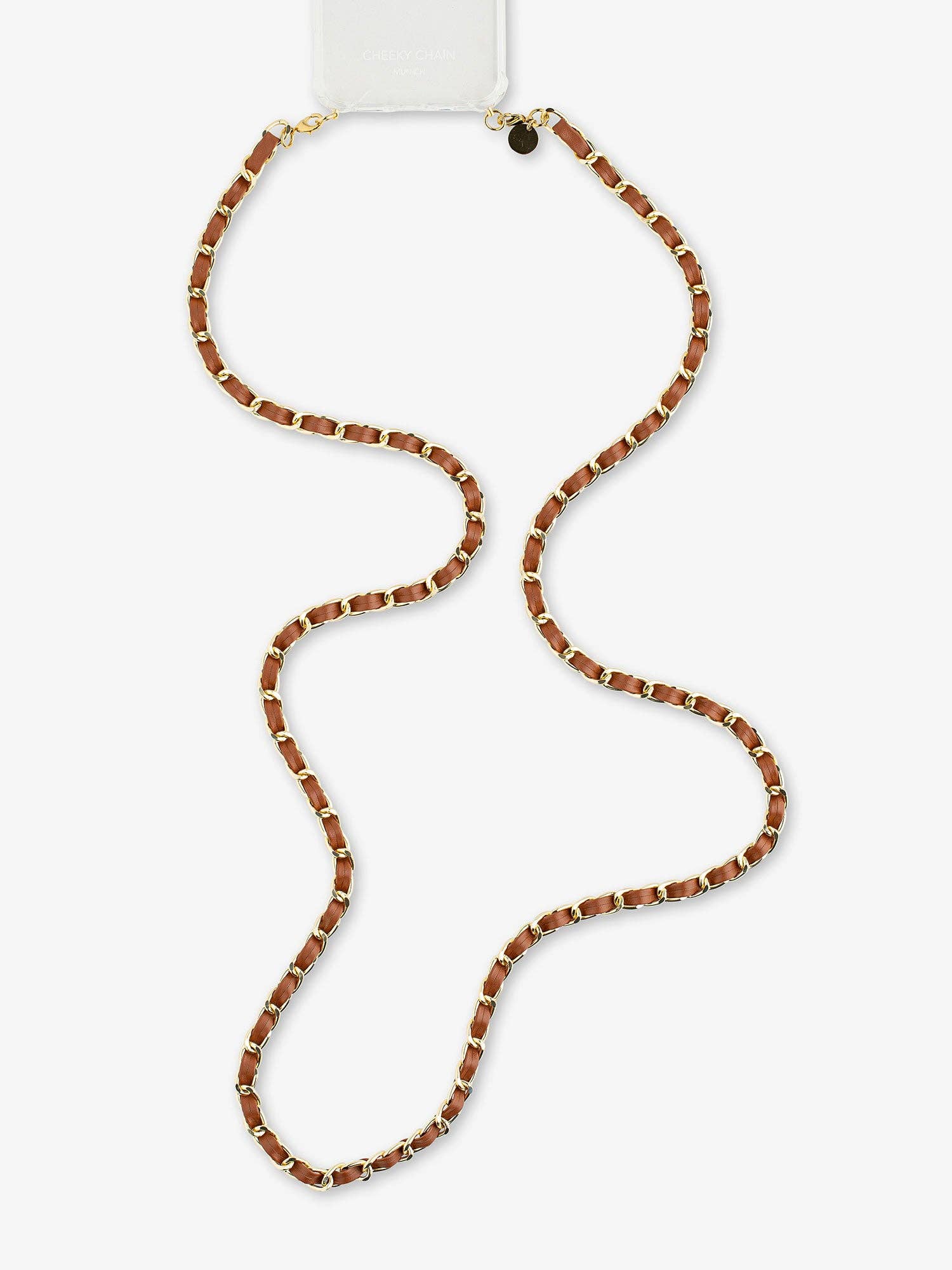 A beaded necklace with alternating brown and gold-toned beads, displayed on a clean white background.